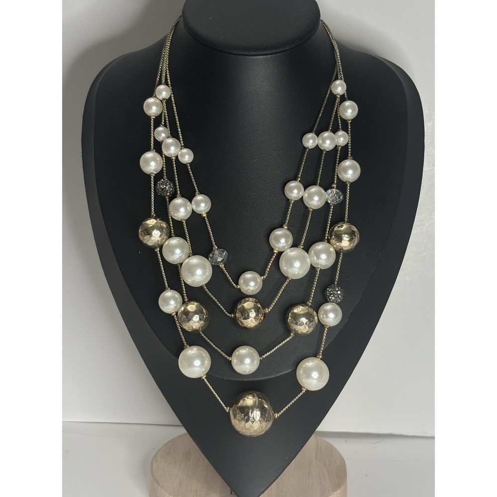 Vintage Chico's 4 Strand Faux Pearl Hammered Gold Tone Necklace 20.5"